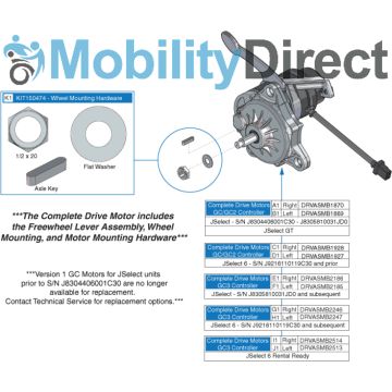 Pride Mobility Jazzy Select Left Motor & Gearbox Assembly w/ Freewheel & Mounting Hardware