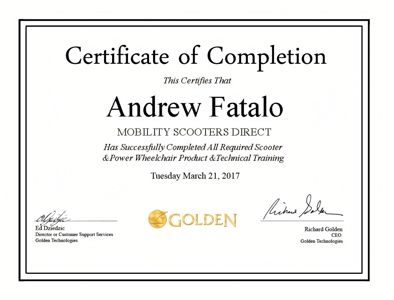 Golden Technologies Certificate