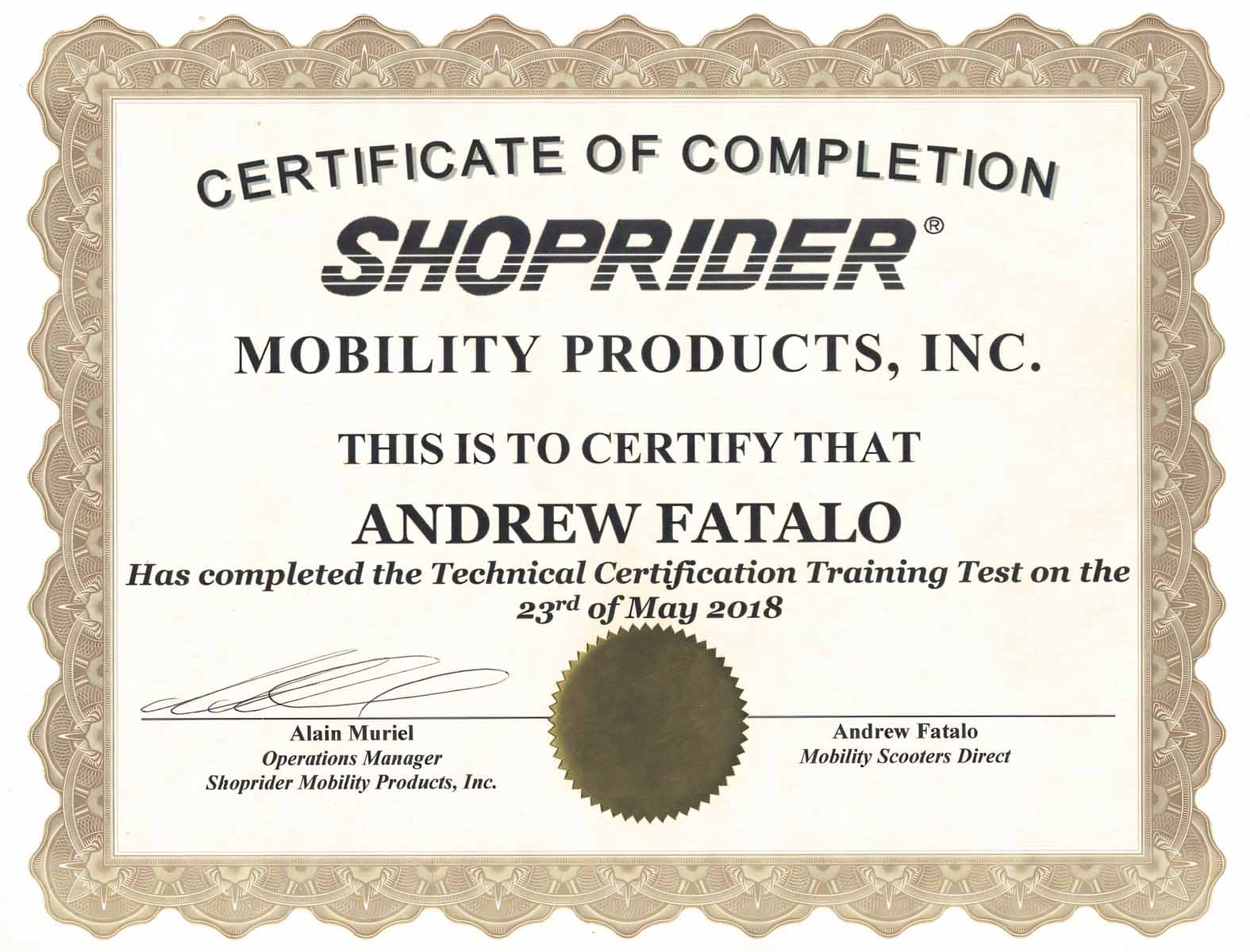 Shoprider Certificate